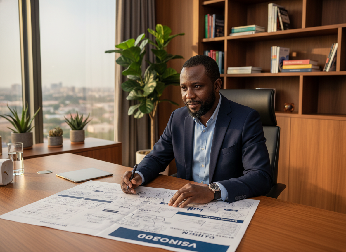 Nigerian entrepreneur reviewing a business roadmap document in a modern Abuja office